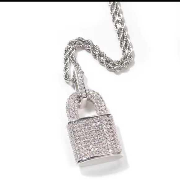 Lock Full Bling Bling CZ Statement Pendant Necklace Male Female Jewelry - Picture 3 of 5